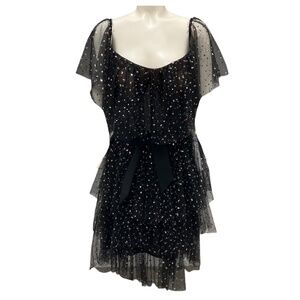 GEMY MAALOUF BLACK SEQUINED TIERED MESH TULLE COCKTAIL DRESS